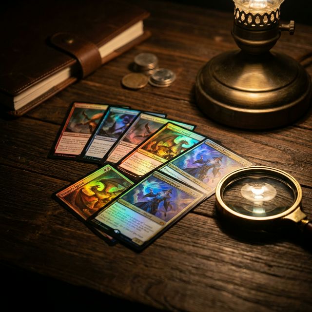 Disney Lorcana cards laid out on a table with a magnifying glass, symbolizing investment analysis and collection opportunities.
